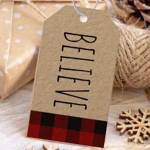 Étiquettes-cadeau Kraft Red Buffalo Plaid & Believe Christmas Cadeau