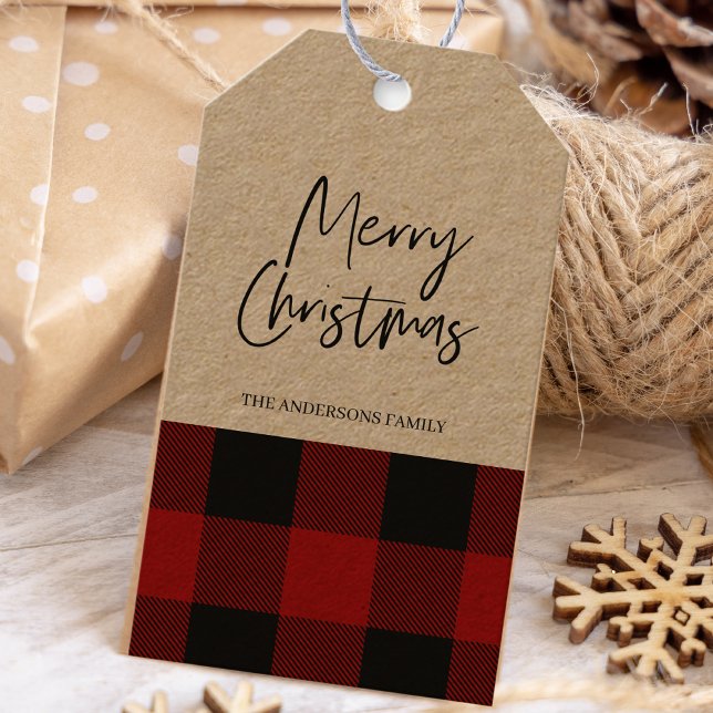 Étiquettes-cadeau Kraft Red Buffalo Plaid & Joyeux Noël (Créateur téléchargé)