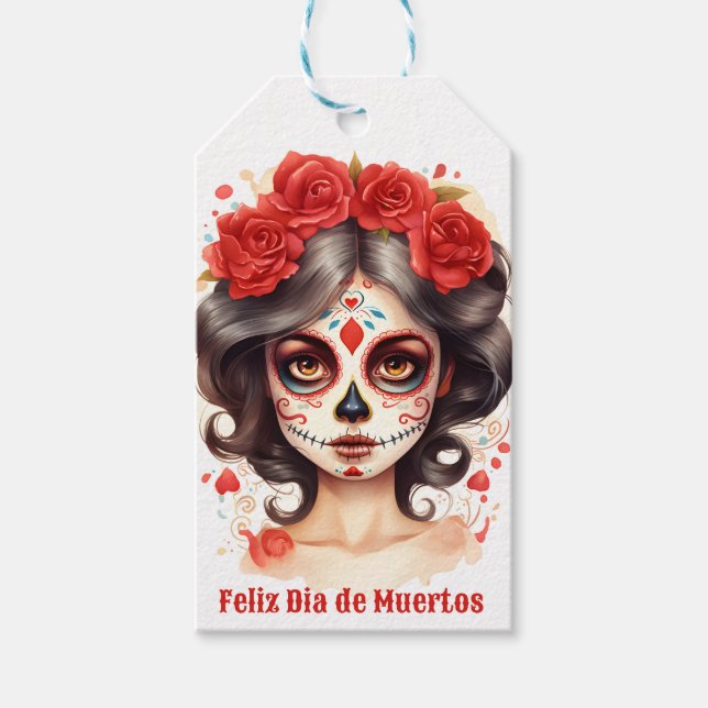 Étiquettes-cadeau La Calavera Catarina 💀 en Flores Rojas 🌹 (Devant)