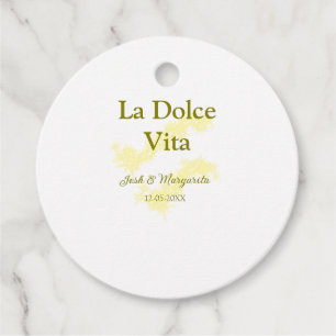 Étiquettes Cadeau La Dolce Vita jaune mariage couple Nom date glit