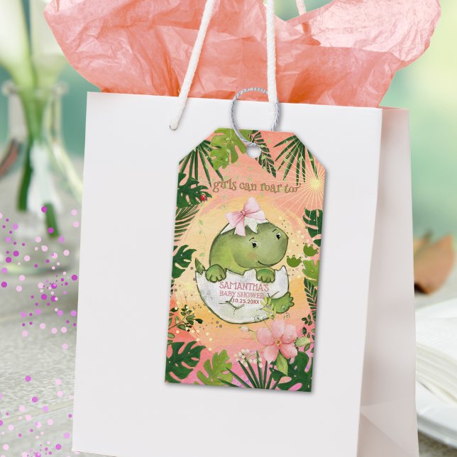 Étiquettes-cadeau La Fille Peut Aussi Rôler ! Aquarelle rose dinosau (Girl Can Roar Too! Dinosaur Pink Watercolor Gift Tags)