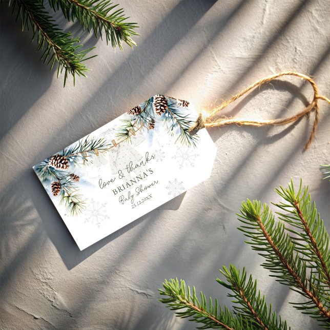 Étiquettes-cadeau La neige en amour les flocons de neige baby shower (Snow in love green pines baby clothes wash line winter baby shower peresonalized favor gift tags)