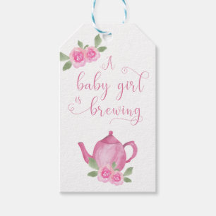 Étiquettes-cadeau La petite fille brasse de la théière rose et des