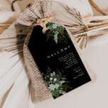 Étiquettes-cadeau La verdure et la feuille d'or | Mariage noir Bienv<br><div class="desc">Nous avons conçu ces plantes vertes et ces feuilles d'or | Black mariage marque cadeau de bienvenue pour compléter votre simple mais élégante réception boho. Il présente des feuilles modernes d'eucalyptus vert et blanc, du feuillage de fougères, une fleur succulente et un minimum de feuilles de feuille d'or. Ces éléments...</div>