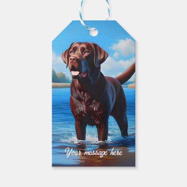 Étiquettes-cadeau Labrador chocolat et lac bleu (Devant)