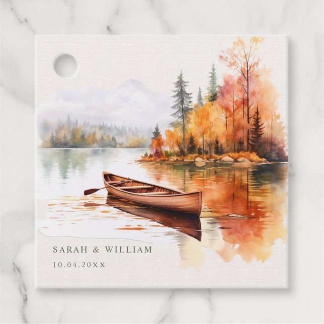 Étiquettes Cadeau Lac d'automne romantique et mariage bateau Favoris (Devant)