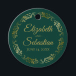 Étiquettes Cadeau Lacy Gold Border Elegant Emerald Green Wedding<br><div class="desc">These beautiful wedding gift tags feature gold text on an emerald green colored background with a frilly gold faux foil floral border. The text is fully customizable and contains the wedding couple's names and wedding date. Great as favor tags!</div>