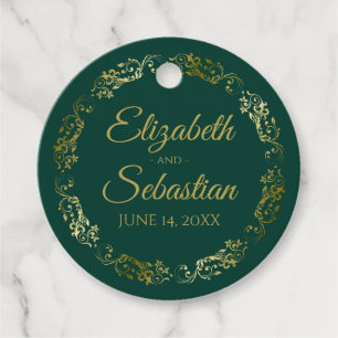 Étiquettes Cadeau Lacy Gold Border Elegant Emerald Green Wedding