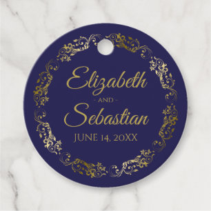 Étiquettes Cadeau Lacy Gold Border Elegant Mariage bleu marine