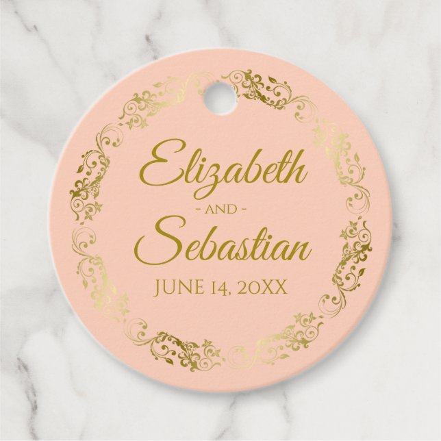 Étiquettes Cadeau Lacy Gold Bordure Elegant Mariage de pêche de cora (Devant)