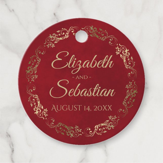 Étiquettes Cadeau Lacy Gold Bordure Élégante Crimson Mariage rouge (Devant)