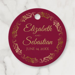 Étiquettes Cadeau Lacy Gold Frills Élégant Maroon Mariage Bourgogne