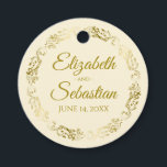 Étiquettes Cadeau "Lacy or filigree Border Elegant Cream Wedding"<br><div class="desc">These beautiful wedding gift tags feature text on a cream or ivory background with a frilly gold faux foil floral border. The text is fully customizable and contains the wedding's names and wedding date. Great as favor tags !</div>