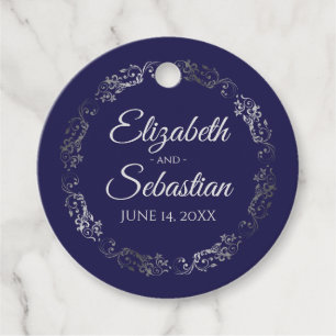 Étiquettes Cadeau Lacy Silver Bordure Elégant Mariage bleu marine