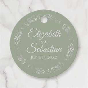 Étiquettes Cadeau Lacy Silver Bordure Élégante Sage Mariage vert