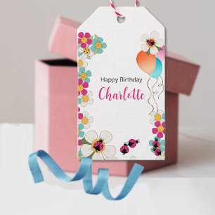 Étiquettes-cadeau Ladybugs et Fleurs Fête d'anniversaire