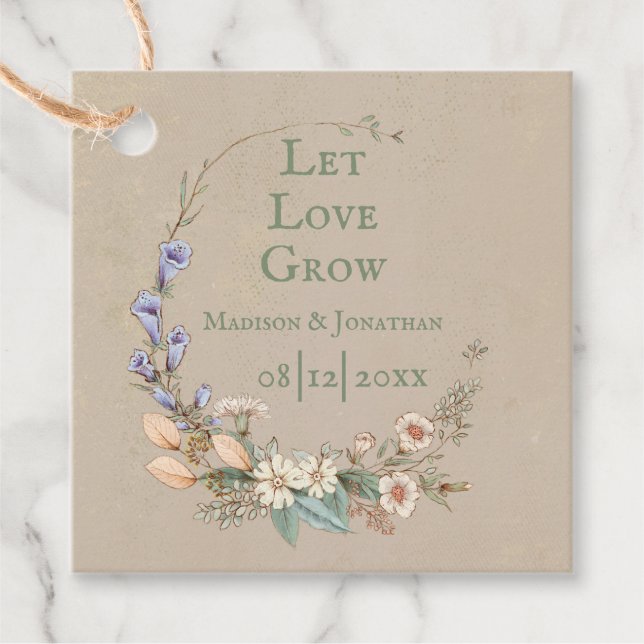 Étiquettes Cadeau Laisser l'amour grandir Nom floral Date Whimsy per (Devant)