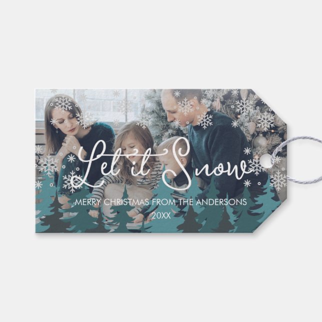 Étiquettes-cadeau Laisser neiger | Snowflakes Pine Tree Photo de Noë (Devant (Horizontal))