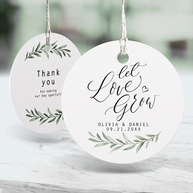 Étiquettes Cadeau "Laissez l'amour grandir" calligraphie moderne ver ("Let love grow" modern calligraphy rustic greenery Favor Tags)