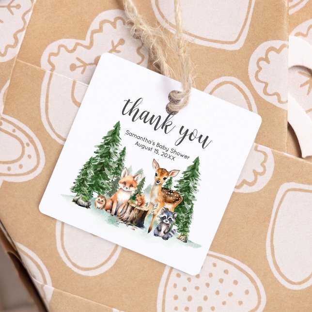 Étiquettes Cadeau Laissez l'aventure commencer Baby shower Carré (Let the Adventure Begin Woodland Animals Baby Shower Square Favor Tags)