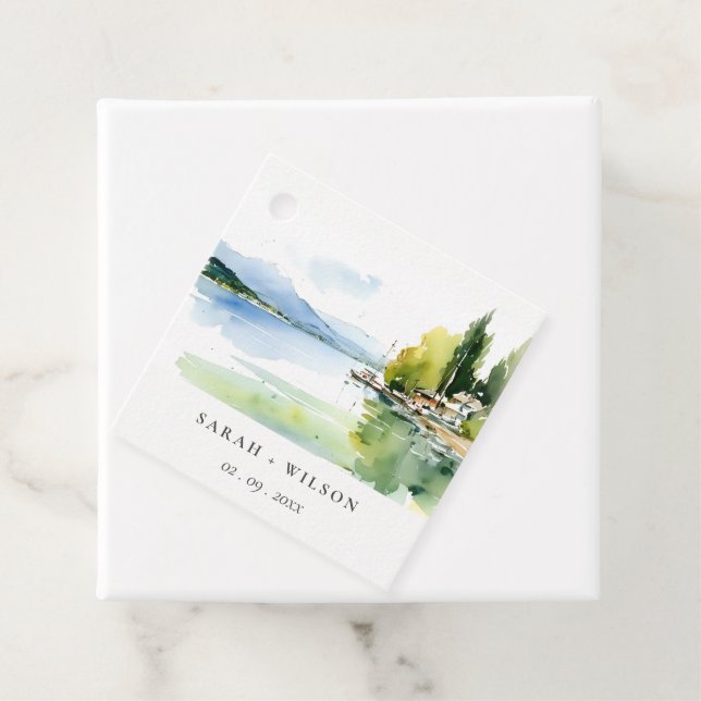 Étiquettes Cadeau Lake Geneva Switzerland Watercolor Scape Wedding (En situation)