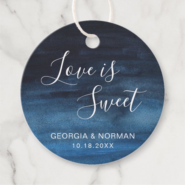 Étiquettes Cadeau L'amour est doux Mariage bleu marine aquarelle (Devant)