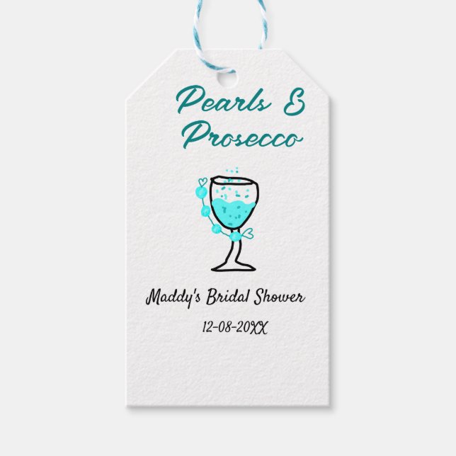 Étiquettes-cadeau Lancement de mariage perles et prosecco nom bleu n (Devant)