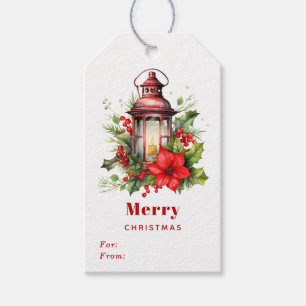 Étiquettes-cadeau Lanterne rouge de Noël Poinsettia et pin