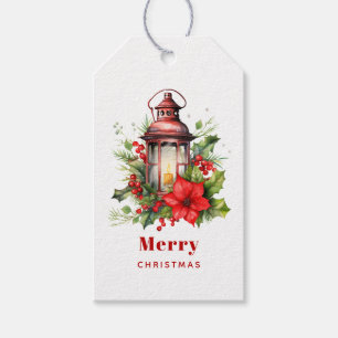 Étiquettes-cadeau Lanterne rouge de Noël Poinsettia et pin