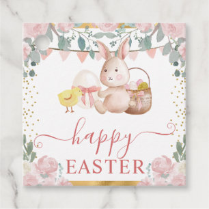 Étiquettes Cadeau Lapin à l'aquarelle et fleurs roses