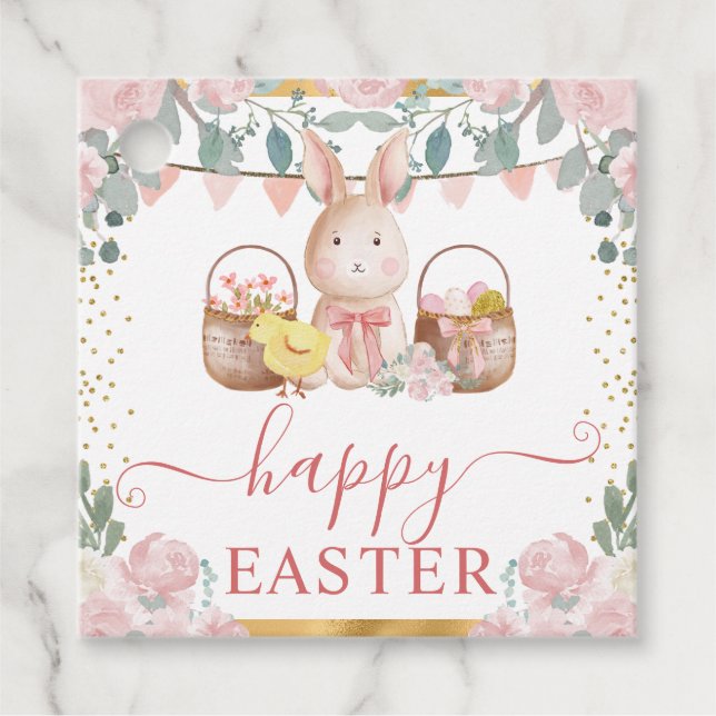 Étiquettes Cadeau Lapin à l'aquarelle et fleurs roses (Devant)