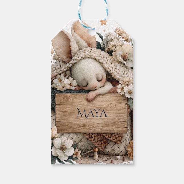 Étiquettes-cadeau Lapin bébé endormi avec couverture tricotée et nom (Devant)