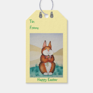 Étiquettes-cadeau lapin brun mignon avec le joli art de fleurs