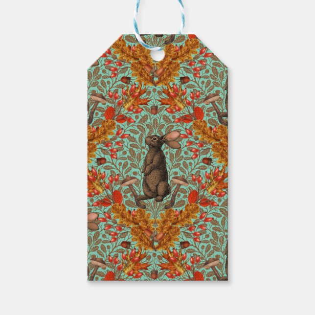 Étiquettes-cadeau Lapin d'automne sur vert clair (Devant)