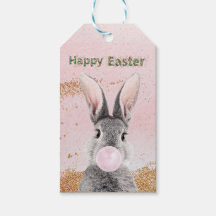 Étiquettes-cadeau Lapin de Pâques heureux soufflant du Bubble gum ro