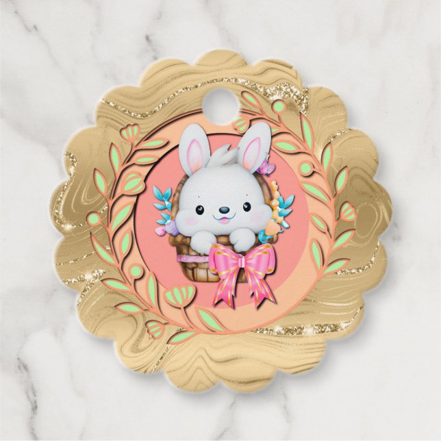 Étiquettes Cadeau Lapin de Pâques mignon assis dans le panier (Devant)