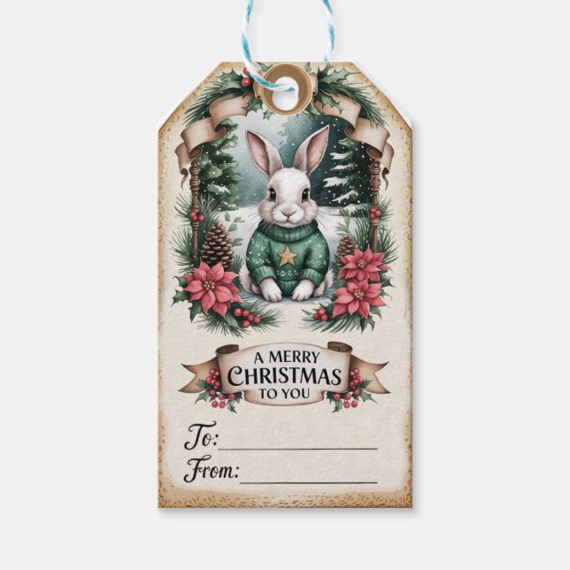 Étiquettes-cadeau Lapin en pull et charme de pomme de pin (Devant)
