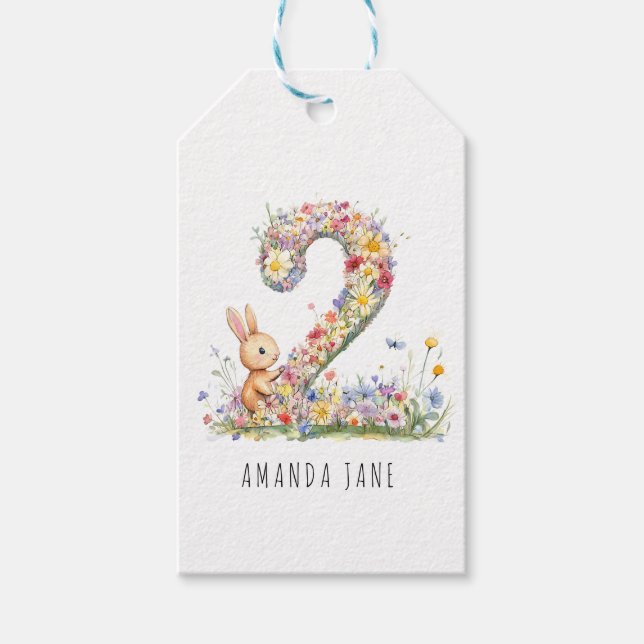 Étiquettes-cadeau Lapin Floral 2e Anniversaire (Devant)