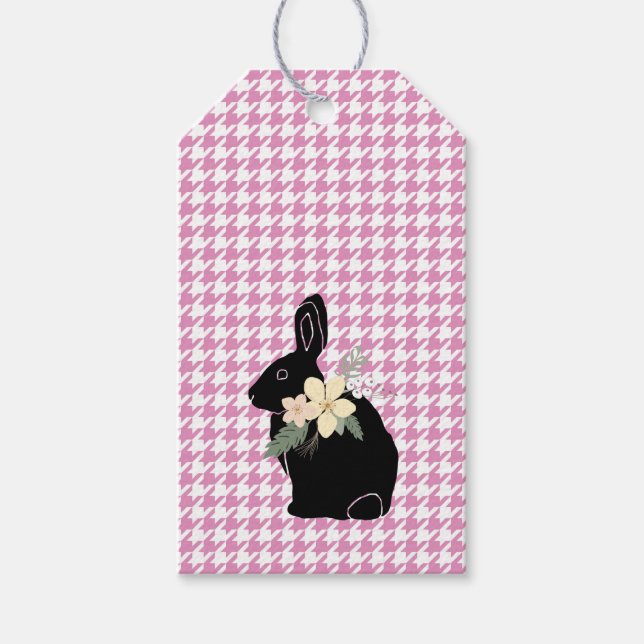 Étiquettes-cadeau Lapin Lapin Silhouette Fleurs Houndstooth Pâques (Devant)