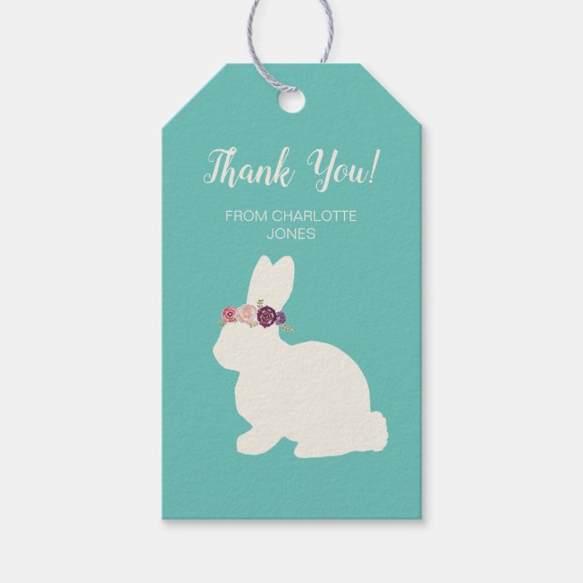 Étiquettes-cadeau Lapin Merci avec Peinture de Bandeau Fleurs (Devant)