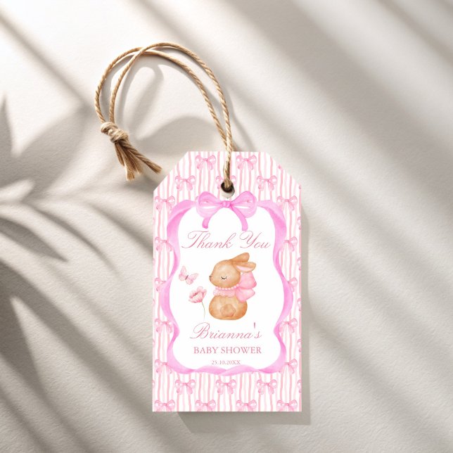 Étiquettes-cadeau Lapin mignon nœud rose bordure filles baby shower  (Cute Bunny pink bow ribbon border girls baby shower personalized favor Gift Tags thank you favor tag)