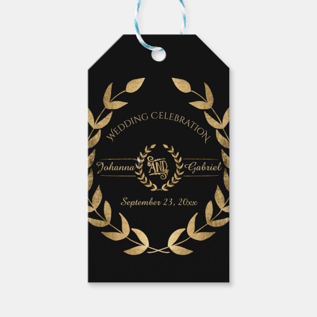 Étiquettes-cadeau Laurel Leaf Wreath Black Gold Wedding Réception (Devant)
