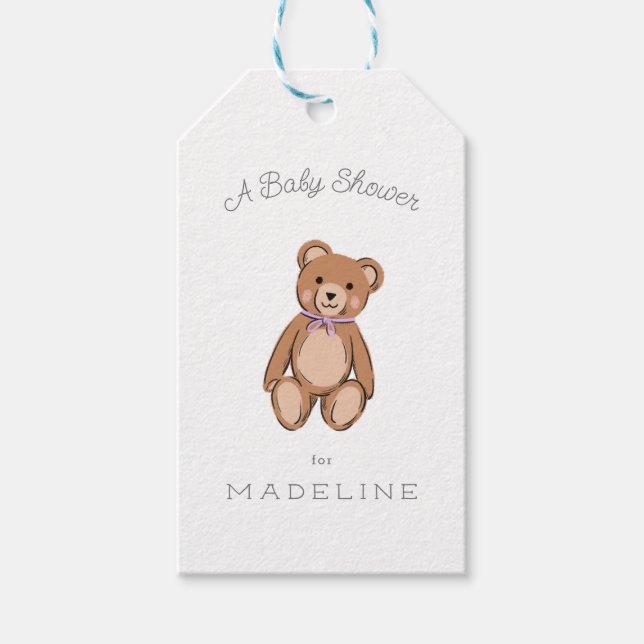 Étiquettes-cadeau Lavande d'ours en peluche classique Baby shower po (Devant)
