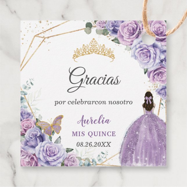Étiquettes Cadeau Lavande Lilac violette Floral Quinceañera Princess (Dos)