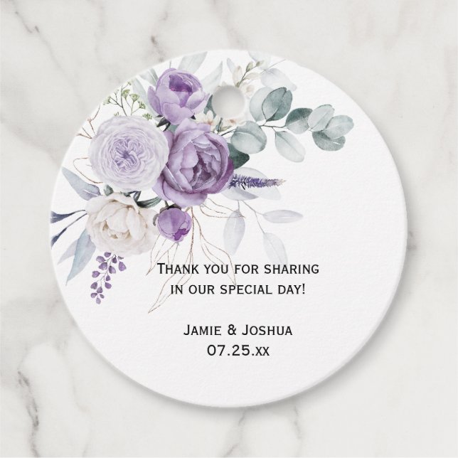 Étiquettes Cadeau Lavande violet pivoines Rose blanche Mariage (Devant)