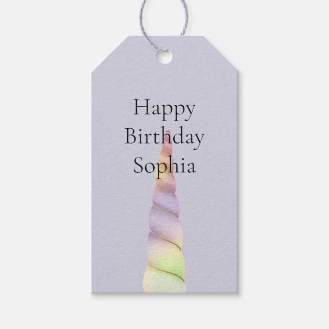 Étiquettes-cadeau Lavender Gold Rose violet Unicorne Anniversaire (Devant)