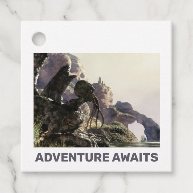 Étiquettes Cadeau L'aventure vous attend. Paysage fantastique (Devant)