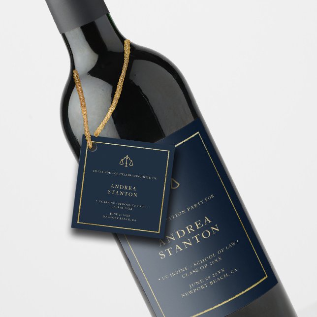 Étiquettes Cadeau Law School Graduation Gold Photo Party Elegant (law school graduation favor tag navy blue gold frame elegant modern simple)