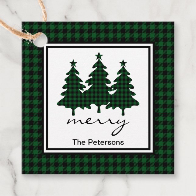 Étiquettes Cadeau Le Buffalo Vert Vérifie Pins Arbres (Devant)