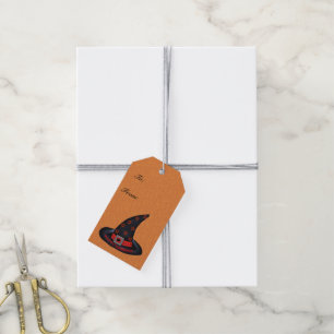 Étiquettes-cadeau Le casquette heureux de sorcière de Samhain tient